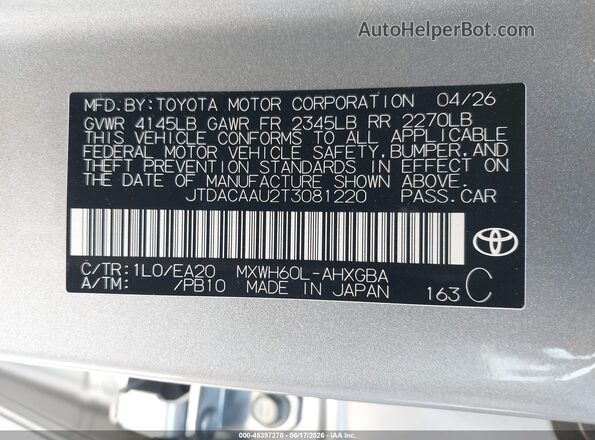 JTDACAAU2T3081220 2026 TOYOTA PRIUS Silver ძრავის განყოფილების ხედი