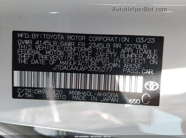 JTDACAAU6P3005277 2023 TOYOTA PRIUS White Widok komory silnika