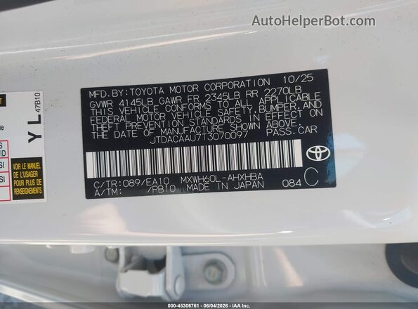 JTDACAAU7T3070097 2026 TOYOTA PRIUS White Вид підкапотного простору