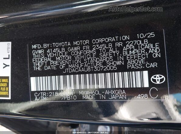 JTDACAAU8T3072005 2026 TOYOTA PRIUS Black Vista del compartimento del motor