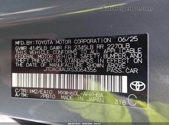 JTDACAAUXS3064356 2025 TOYOTA PRIUS Gray Вид підкапотного простору