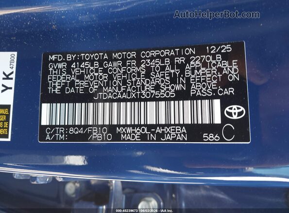 JTDACAAUXT3075505 2026 TOYOTA PRIUS Black Widok komory silnika