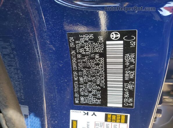 JTDACACU0R3030868 2024 TOYOTA PRIUS Blue Vista de la etiqueta del VIN