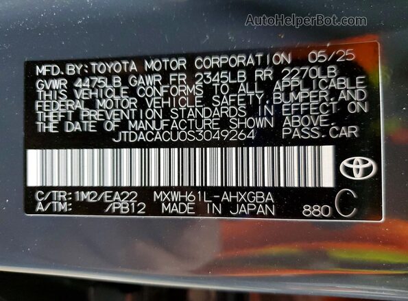 JTDACACU0S3049264 2025 TOYOTA PRIUS Gray Vista de la etiqueta del VIN