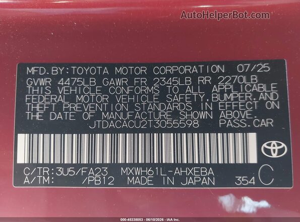 JTDACACU2T3055598 2026 TOYOTA PRIUS PLUG-IN HYBRID Red ძრავის განყოფილების ხედი