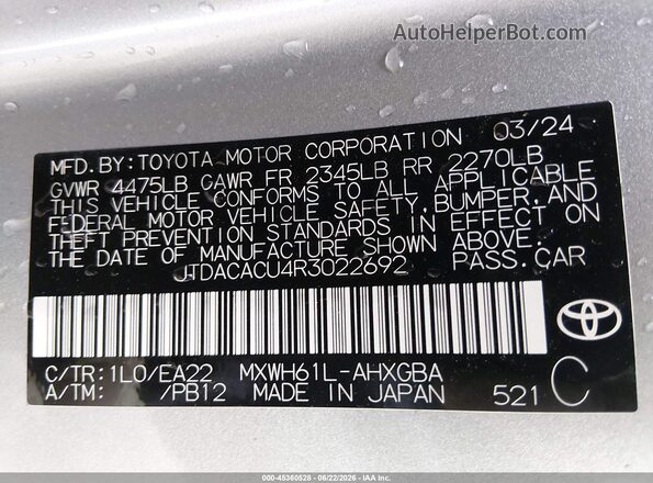 JTDACACU4R3022692 2024 TOYOTA PRIUS PRIME Silver Widok komory silnika
