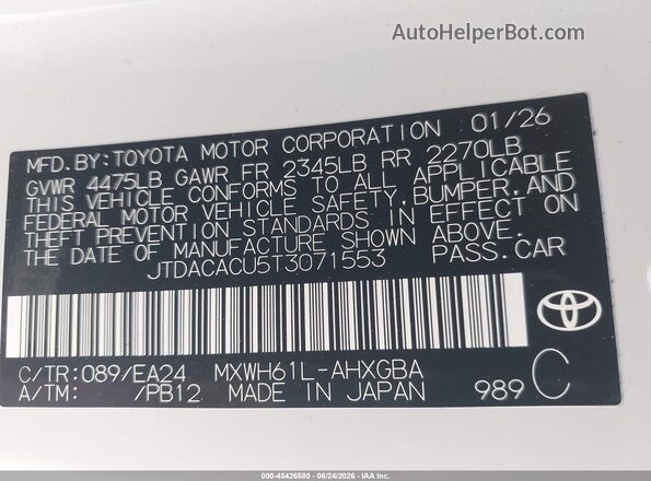 JTDACACU5T3071553 2026 TOYOTA PRIUS PLUG-IN HYBRID White Widok komory silnika