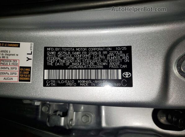 JTDADABU4T3033486 2026 TOYOTA PRIUS Silver Widok naklejki z numerem VIN