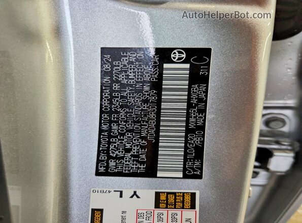 JTDADABU8R3017879 2024 TOYOTA PRIUS Серебряный Вид наклейки с VIN-кодом