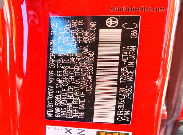 JTDAFAAF6S3013042 2025 TOYOTA CROWN Red Вид наклейки з VIN-кодом