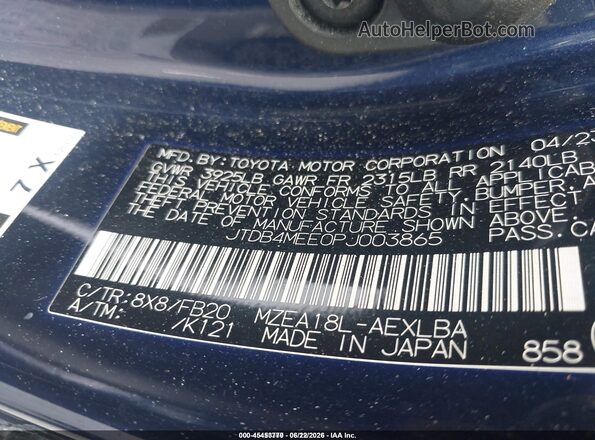 JTDB4MEE0PJ003865 2023 TOYOTA COROLLA Blue Engine compartment view