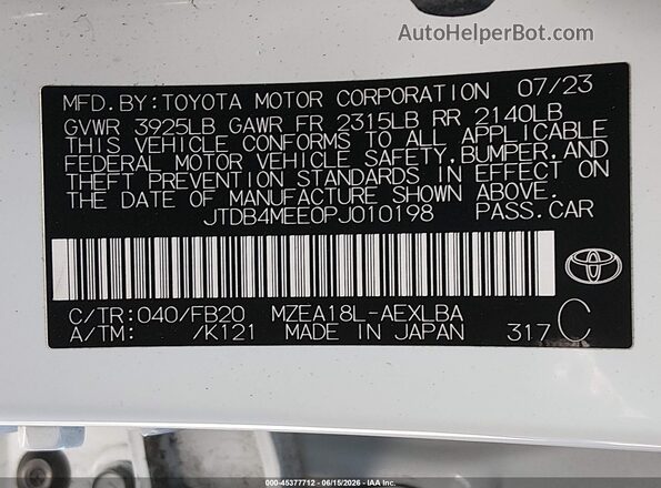 JTDB4MEE0PJ010198 2023 TOYOTA COROLLA White Vista del compartimento del motor