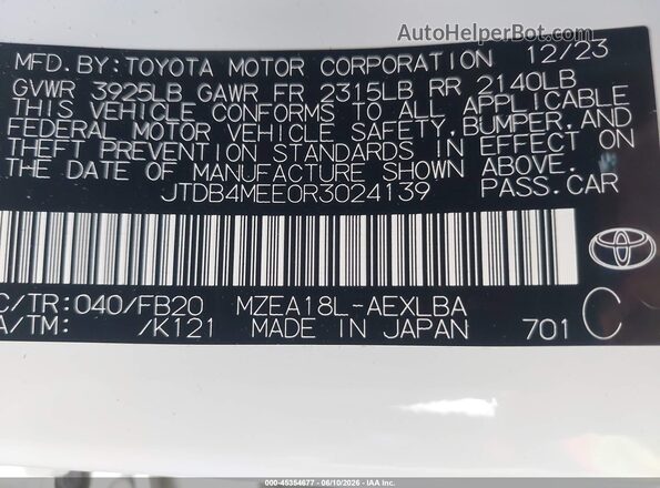 JTDB4MEE0R3024139 2024 TOYOTA COROLLA White 