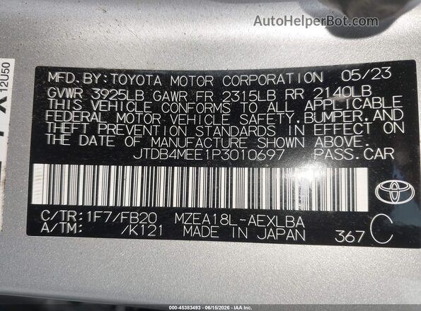 JTDB4MEE1P3010697 2023 TOYOTA COROLLA Silver Շարժիչի բաժամունքի տեսք