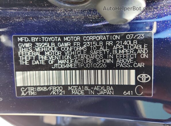 JTDB4MEE1PJ010226 2023 TOYOTA COROLLA Синий 