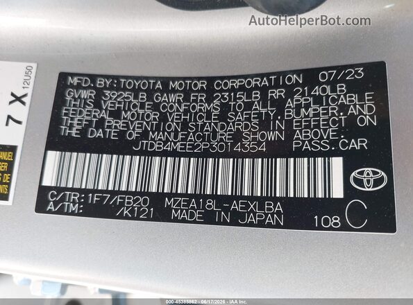 JTDB4MEE2P3014354 2023 TOYOTA COROLLA Silver Vista del compartimento del motor