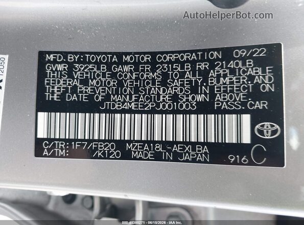 JTDB4MEE2PJ001003 2023 TOYOTA COROLLA Silver ძრავის განყოფილების ხედი