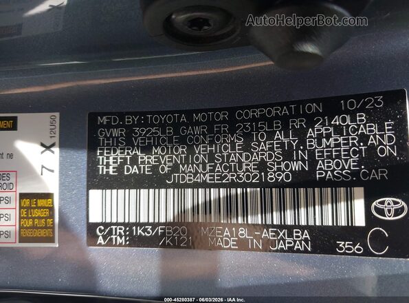 JTDB4MEE2R3021890 2024 TOYOTA COROLLA Blue Engine compartment view