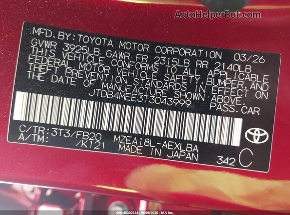 JTDB4MEE3T3043999 2026 TOYOTA COROLLA Red Engine compartment view
