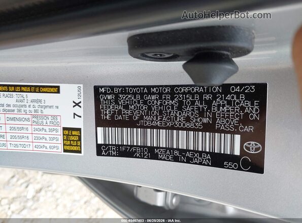 JTDB4MEEXP3008835 2023 TOYOTA COROLLA Silver ძრავის განყოფილების ხედი