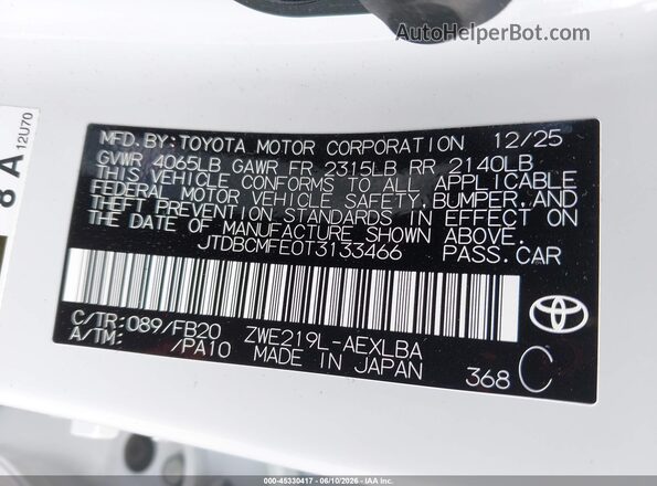JTDBCMFE0T3133466 2026 TOYOTA COROLLA HYBRID White ძრავის განყოფილების ხედი