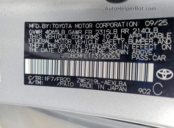 JTDBCMFE1T3120063 2026 TOYOTA COROLLA Silver Vista de la etiqueta del VIN