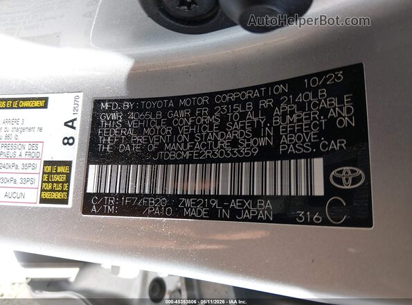 JTDBCMFE2R3033359 2024 TOYOTA COROLLA Silver Engine compartment view