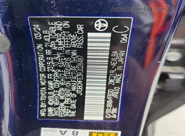 JTDBCMFE3RJ028487 2024 TOYOTA COROLLA Blue Շարժիչի բաժամունքի տեսք