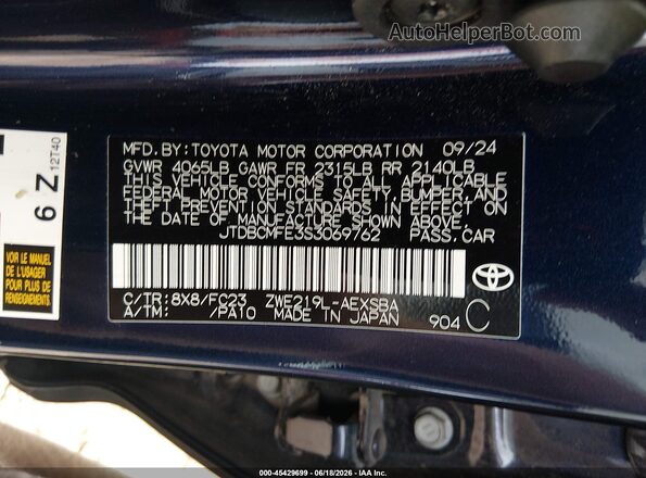 JTDBCMFE3S3069762 2025 TOYOTA COROLLA Blue Вид підкапотного простору