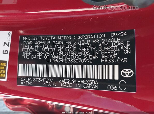 JTDBCMFE3S3070992 2025 TOYOTA COROLLA Red Շարժիչի բաժամունքի տեսք