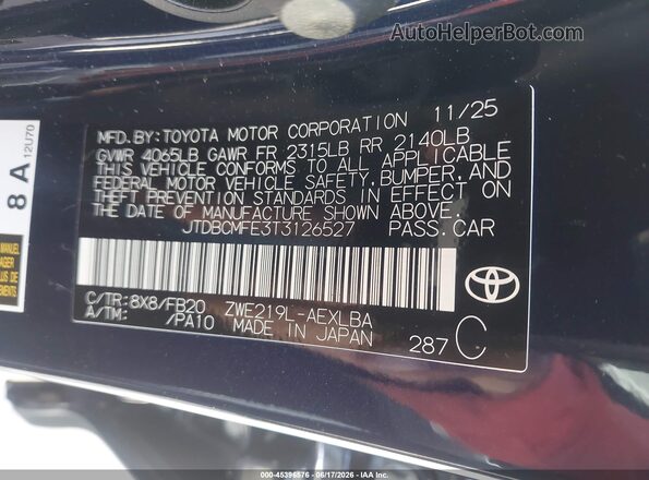 JTDBCMFE3T3126527 2026 TOYOTA COROLLA HYBRID Dark Blue Vista del compartimento del motor