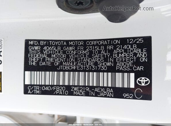 JTDBCMFE3T3131730 2026 TOYOTA COROLLA HYBRID Белый Вид подкапотного пространства