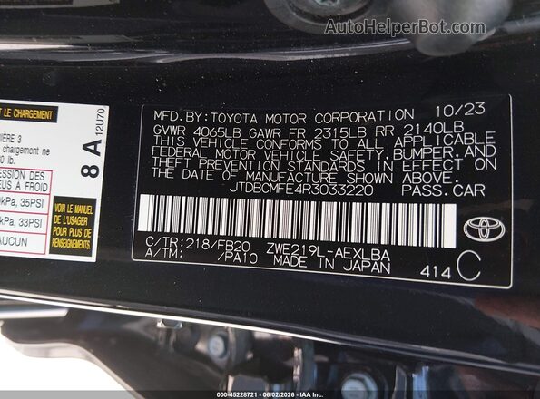 JTDBCMFE4R3033220 2024 TOYOTA COROLLA Black Widok komory silnika