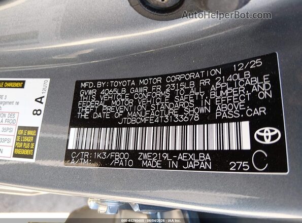 JTDBCMFE4T3133678 2026 TOYOTA COROLLA HYBRID Light Blue Вид підкапотного простору