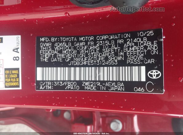 JTDBCMFE5T3124553 2026 TOYOTA COROLLA HYBRID Maroon Вид підкапотного простору