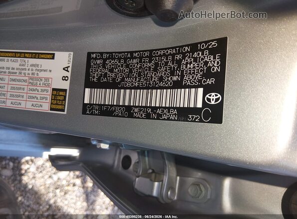 JTDBCMFE5T3124620 2026 TOYOTA COROLLA HYBRID Silver Շարժիչի բաժամունքի տեսք