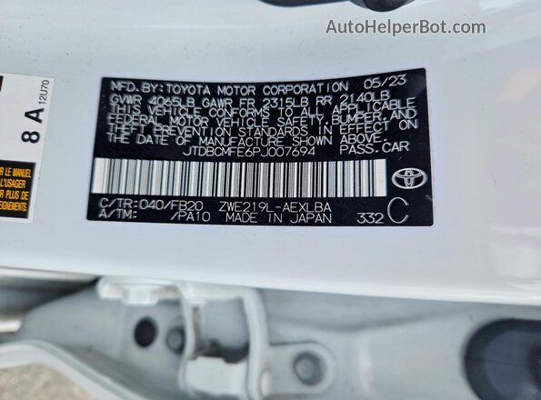 JTDBCMFE6PJ007694 2023 TOYOTA COROLLA White Շարժիչի բաժամունքի տեսք
