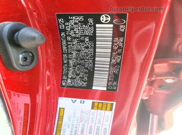 JTDBCMFE7S3087231 2025 TOYOTA COROLLA Burgundy Vista de la etiqueta del VIN