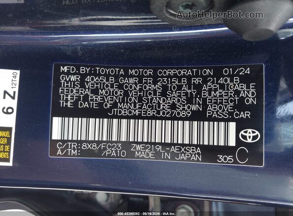 JTDBCMFE8RJ027089 2024 TOYOTA COROLLA Blue Շարժիչի բաժամունքի տեսք