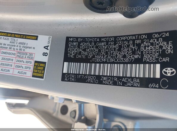 JTDBCMFE8RJ033877 2024 TOYOTA COROLLA Silver Vista del compartimento del motor