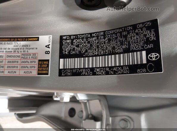 JTDBCMFE8T3111988 2026 TOYOTA COROLLA HYBRID Silver Vista del compartimento del motor
