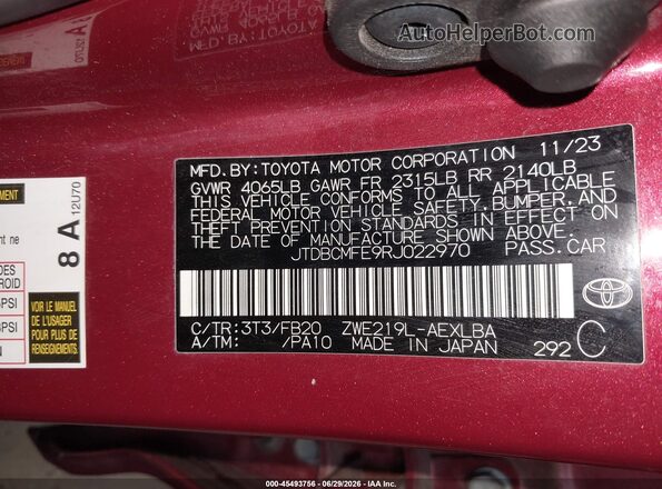 JTDBCMFE9RJ022970 2024 TOYOTA COROLLA Красный Вид подкапотного пространства