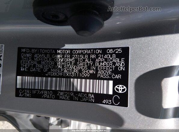 JTDBCMFEXT3111099 2026 TOYOTA COROLLA HYBRID Silver ძრავის განყოფილების ხედი