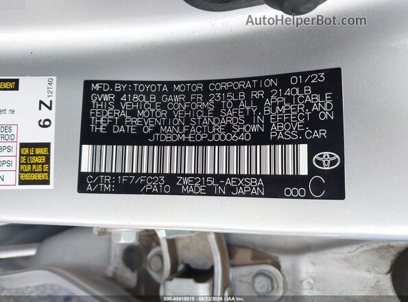 JTDBDMHE0PJ000640 2023 TOYOTA COROLLA Silver ძრავის განყოფილების ხედი