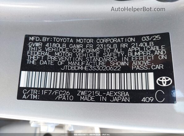 JTDBDMHE3S3020622 2025 TOYOTA COROLLA Silver Engine compartment view