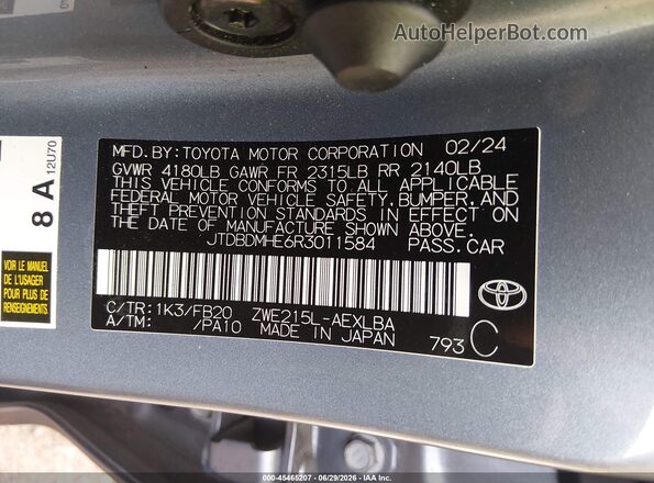 JTDBDMHE6R3011584 2024 TOYOTA COROLLA Blue ძრავის განყოფილების ხედი