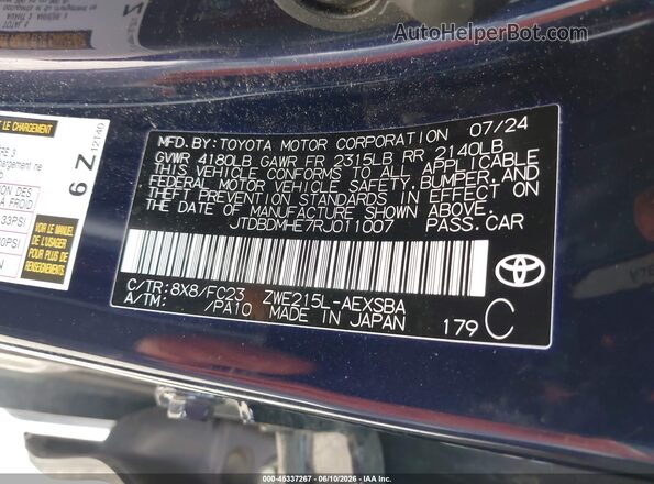 JTDBDMHE7RJ011007 2024 TOYOTA COROLLA Dark Blue Widok komory silnika