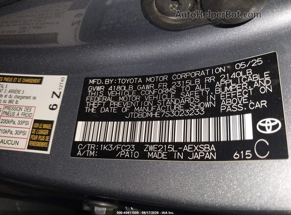 JTDBDMHE7S3023233 2025 TOYOTA COROLLA Light Blue Вид підкапотного простору