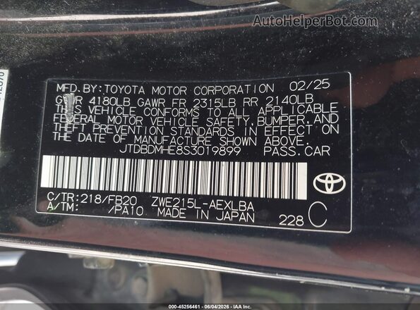 JTDBDMHE8S3019899 2025 TOYOTA COROLLA Black Vista del compartimento del motor