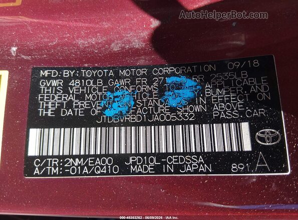 JTDBVRBD1JA005332 2018 TOYOTA MIRAI Maroon Շարժիչի բաժամունքի տեսք